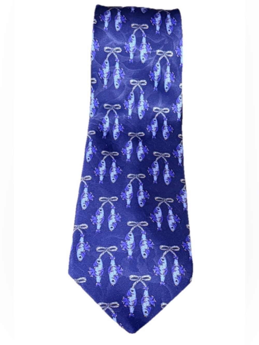 Lanvin Paris 100% Silk Tie Navy Novelty Fish Bow Print Made in France 1980s
